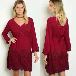 Lanesra burgundy/navy dress Sz M Long Sleeve V Neck Boho Bohemian